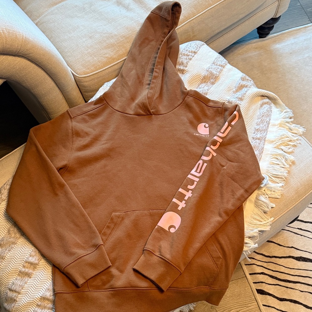 Carhartt Women's Brown Hoodie with Pink Logo